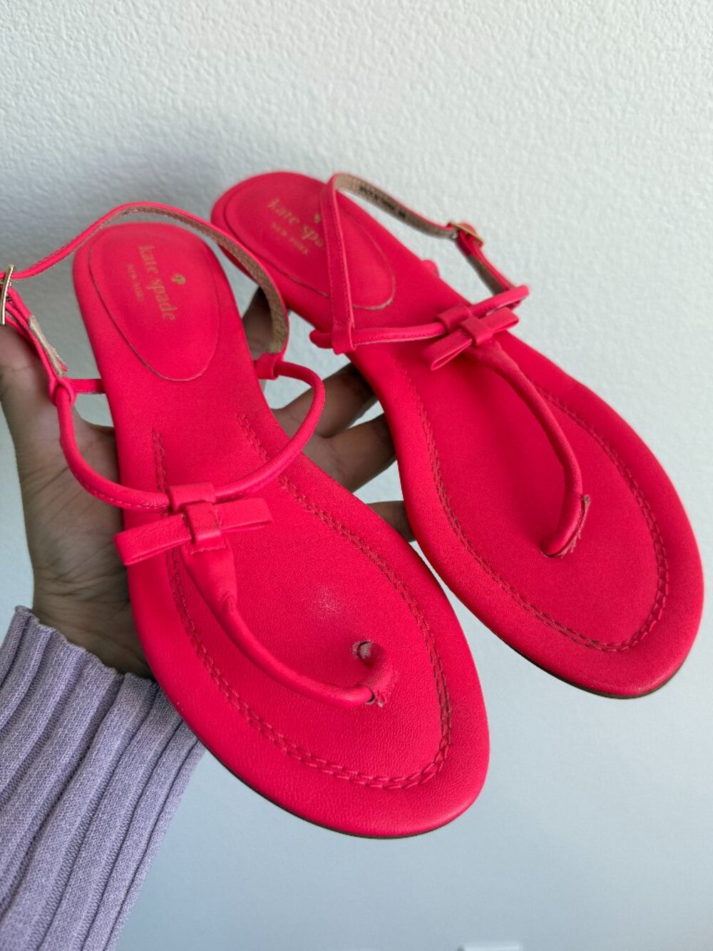 Kate‎ Spade Thong Slingback Sandals 9M Neon Pink Bow Flat Summer Minimalist